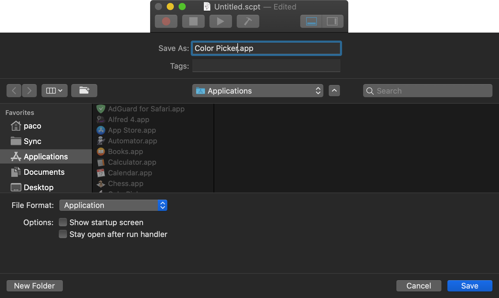 Saving the color picker script as an application